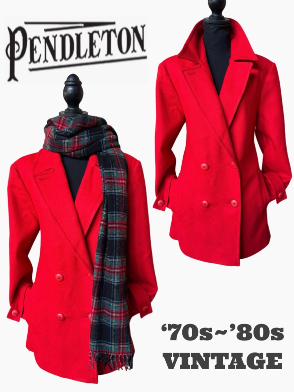 70s~80s Pendleton PeaCoat Double-Breasted Wool Cuff-Strap Sleeves Deep Red (8)